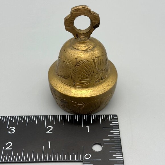 Vintage Solid Brass Small Bell Etched Leaf Engraving Service Meditation Ornate - Picture 7 of 7